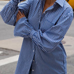 Striped Print Ruffled Long Sleeve Pockets Loose Shirt