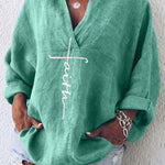 Women's Faith Printed Casual Long Sleeve V-Neck Cotton And Linen Shirt