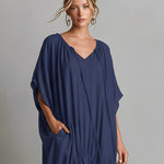 Women's Navy Blue Sheer Chiffon Dress With Batwing Sleeves & Ruched Side Detail, Timeless Effortless-Boho Style Dress