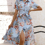 A-Line Loose Buttoned Flower Print Tied Waist Lapel Midi Dresses