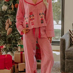 Nutcracker Charm Embroidered Gingham Loose Shirt and Elastic Waist Pajama Set