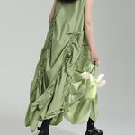 Loose Sleeveless Asymmetric Elasticity Pleated Solid Color Round-Neck Midi Dresses