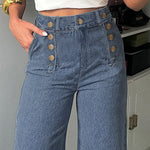 High Waisted Loose Buttoned Split-Joint Jean Pants Bottoms