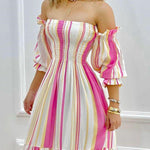 A-Line High Waisted Contrast Color Pleated Split-Joint Off-The-Shoulder Maxi Dresses
