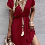 A-Line Elasticated Waist Contrast Color Drawstring Hollow Split-Joint Tasseled Tied V-Neck Mini Dresses