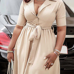 A-Line Loose Pleated Pockets Solid Color Tied Waist Notched Collar Midi Dresses