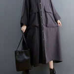 Casual Long Sleeves Loose Buttoned Contrast Color Split-Joint Lapel Collar Midi Dresses
