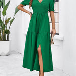 A-Line High Waisted Elasticity Pleated Solid Color Split-Joint V-Neck Midi Dresses