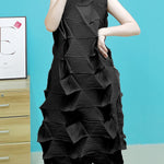 Casual Sleeveless Irregularity Pleated Solid Color Stand Collar Midi Dresses