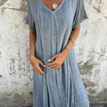 Bayside Bliss Linen Blend Short Sleeve Pleated Loose Midi Dress