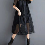 Half Sleeves Loose Hollow Solid Color Split-Joint Zipper Lapel Midi Dresses Shirt Dress
