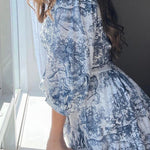 Loose Puff Sleeves Pleated Printed Split-Joint Tied Waist Lapel Mini Dresses Shirt Dress