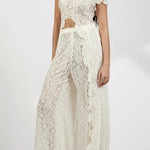 Elegance Avant-garde Floral Lace Short Sleeve High Low Top and High Rise Wide Leg Pants Set