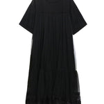 Fake Two-Piece Loose Gauze Pleated Solid Color Split-Joint Tiered Round-Neck Midi Dresses