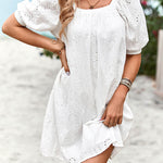 Loose Puff Sleeves Jacquard Solid Color Square-Neck Mini Dresses