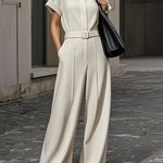 Short Sleeves Wide Leg No Belt Solid Color Zipper Lapel Jumpsuits