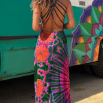 La Bamba Tie-dye Print Back Lace-up Stretch Maxi Dress