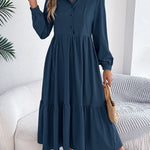 High Waisted Long Sleeves Pleated Ruffled Solid Color Lapel Midi Dresses Shirt Dress