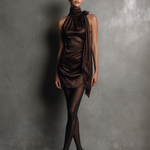 Women's Elegant Brown Satin Halter Neck Backless Sleeveless Short Dress