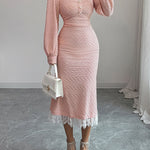Bodycon High Waisted Lacy Pleated Solid Color Split-Joint Zipper Square-Neck Midi Dresses