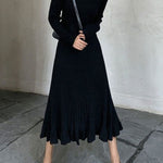 Long Sleeves Loose Ruffled Solid Color Round-Neck Midi Dresses Sweater Dresses
