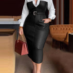 Long Sleeves Skinny Belted Buttoned Split-Joint Lapel Midi Dresses Shirt Dress
