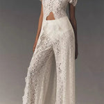 Elegance Avant-garde Floral Lace Short Sleeve High Low Top and High Rise Wide Leg Pants Set
