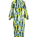 High Waisted Long Sleeves Asymmetric Pleated Printed Split-Joint Deep V-Neck Midi Dresses