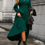A-Line Flared Sleeves Elasticity Pleated Solid Color V-Neck Midi Dresses