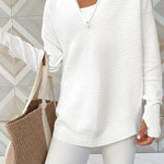 Half-Zip V-Neck Relaxed Rib-Knit Sweater