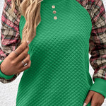 Fashionable diamond plaid patchwork long-sleeved round neck casual sweatshirt