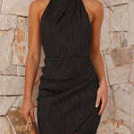 Bodycon High Waisted Asymmetric Backless Pleated Solid Color Split-Joint Zipper Halter-Neck Mini Dresses