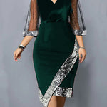 Bodycon Wrap Contrast Color Mesh Sequined Split-Joint V-Neck Midi Dresses