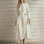 A-Line Elasticated Waist Belted Buttoned Contrast Color Line Split-Joint Stand Collar Maxi Dresses