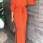Loose Drawstring Solid Color Split-Side V-Neck Maxi Dresses