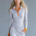 Fashionable Sporty Gray-blue Long-sleeved Half-zip Top And Trousers Set