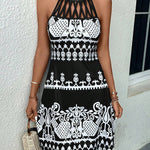 Loose Sleeveless Hollow Printed Split-Joint Halter-Neck Mini Dresses