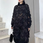 Irregularity Long Sleeves Asymmetric Mesh Pockets See-Through Solid Color Split-Joint Tasseled Stand Collar Midi Dresses