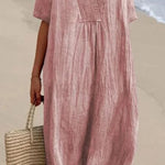 Loose Short Sleeved Solid V-Neck Dress