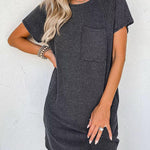 A-Line Loose Contrast Color Pockets Split-Joint Striped Round-Neck Mini Dresses