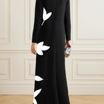 Long Sleeves Loose Contrast Color Flower Print Split-Joint Round-Neck Maxi Dresses