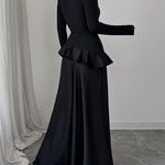 A-Line High Waisted Ruffle Trim Solid Color Split-Joint Round-Neck Maxi Dresses