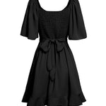 Flared Sleeves Half Sleeves Elasticity Ruffled Solid Color Split-Joint Tied Waist V-Neck Mini Dresses