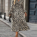 Elasticated Waist High Waisted Contrast Color Leopard Pleated Split-Joint V-Neck Maxi Dresses