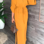 Loose Drawstring Solid Color Split-Side V-Neck Maxi Dresses