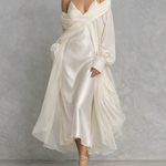 Elegant Women's White Satin And Chiffon Off-the-shoulder Midi Dress With Spaghetti Straps