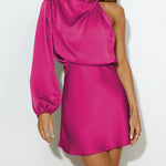 High Waisted Long Sleeves Asymmetric Elasticity Solid Color High Neck Mini Dresses