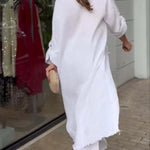 Tehla Linen Blend Ring Tie-up Detail Midi Blouse and Elastic Waist Pocketed Loose Pants Set