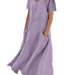 JFN Cotton & Linen Solid Color Loose Casual Pocket Dress