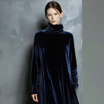 Women's Elegant Navy Blue Velvet High-neck Long-sleeved Loose-fitting Maxi Dress